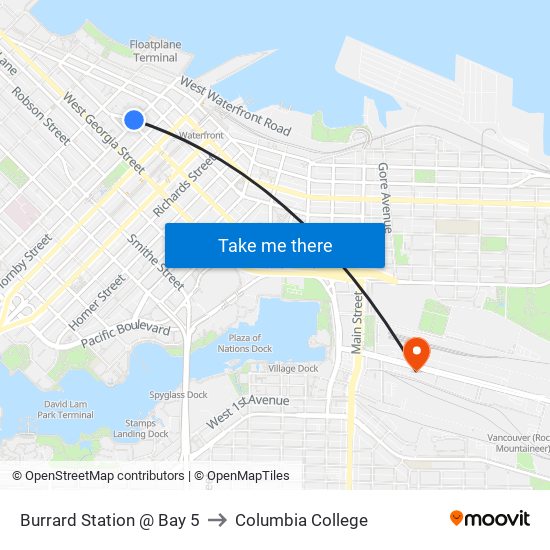 Burrard Station @ Bay 5 to Columbia College map