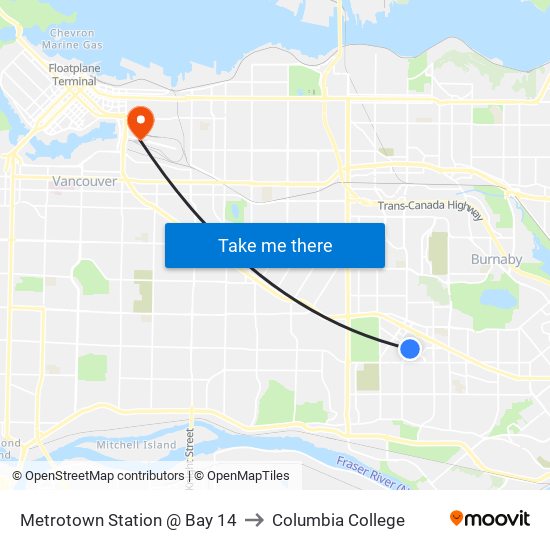 Metrotown Station @ Bay 14 to Columbia College map