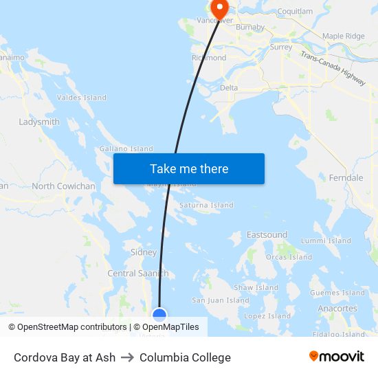 Cordova Bay at Ash to Columbia College map