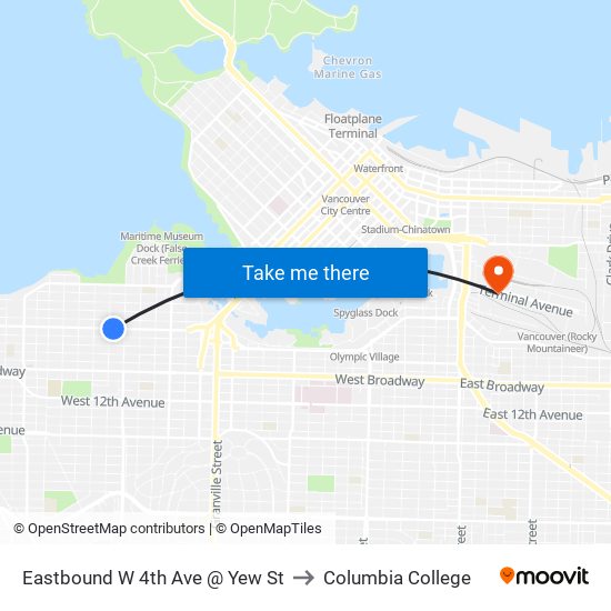 Eastbound W 4th Ave @ Yew St to Columbia College map