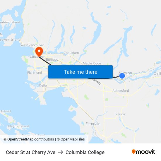 Cedar & Cherry to Columbia College map