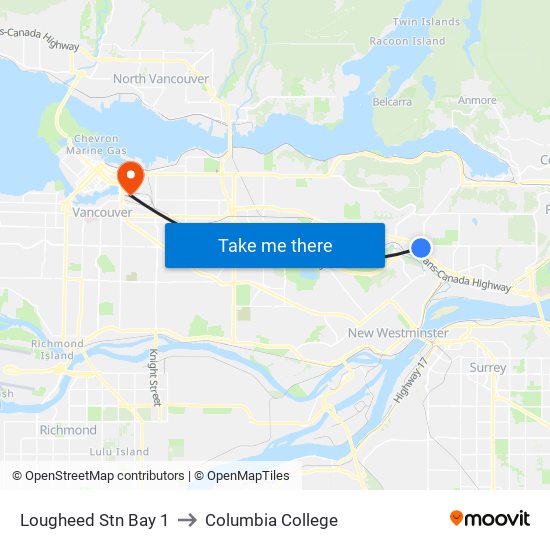 Lougheed Stn Bay 1 to Columbia College map