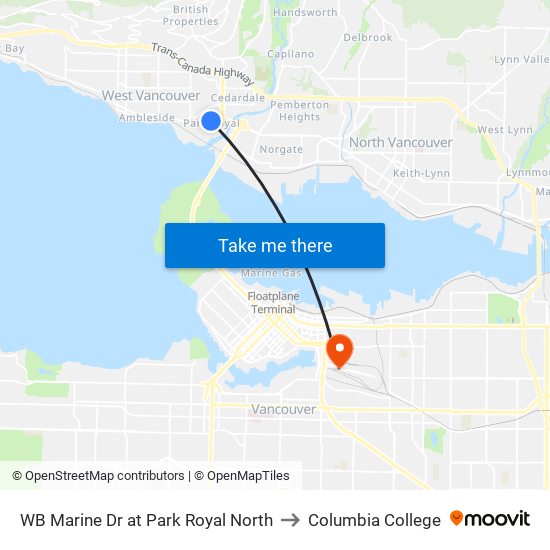 WB Marine Dr at Park Royal North to Columbia College map