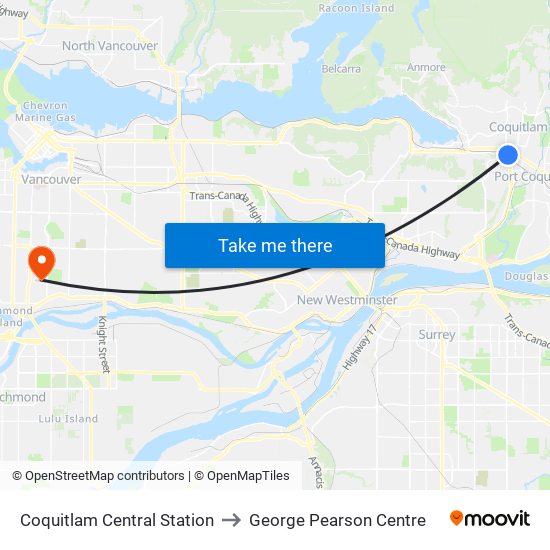 Coquitlam Central Station to George Pearson Centre map