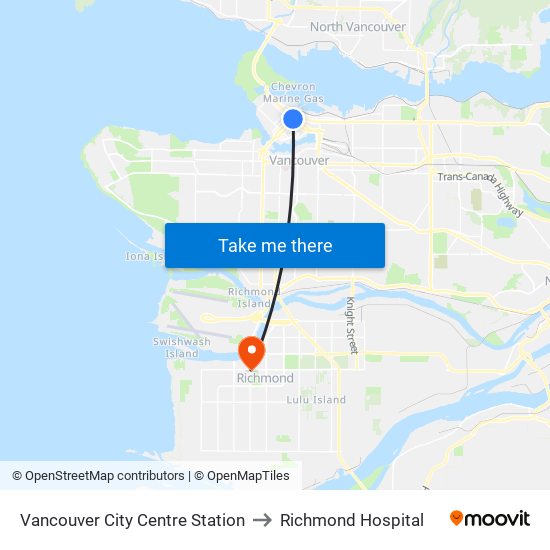 Vancouver City Centre Station to Richmond Hospital map