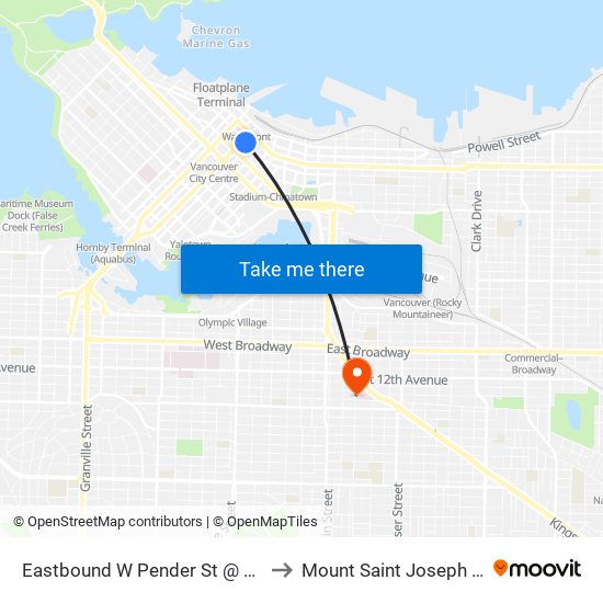 Eastbound W Pender St @ Seymour St to Mount Saint Joseph Hospital map