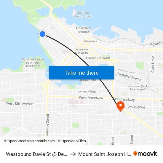 Westbound Davie St @ Denman St to Mount Saint Joseph Hospital map