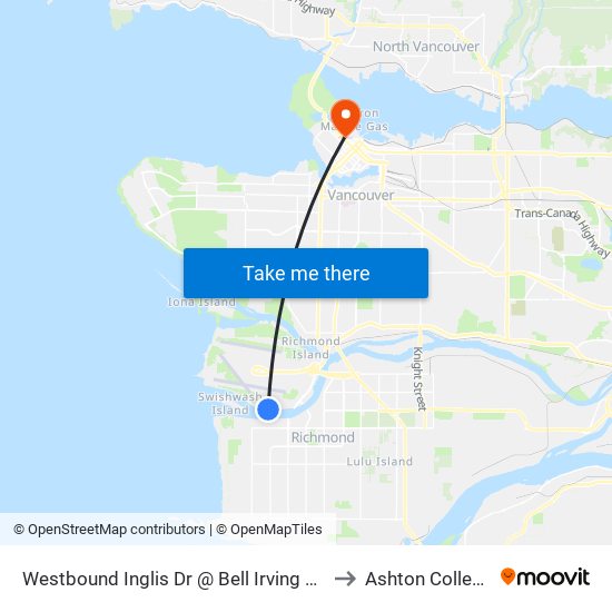 Westbound Inglis Dr @ Bell Irving Rd to Ashton College map
