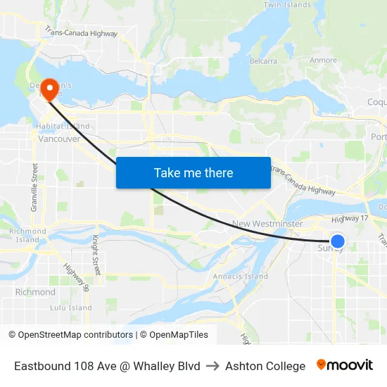 Eastbound 108 Ave @ Whalley Blvd to Ashton College map