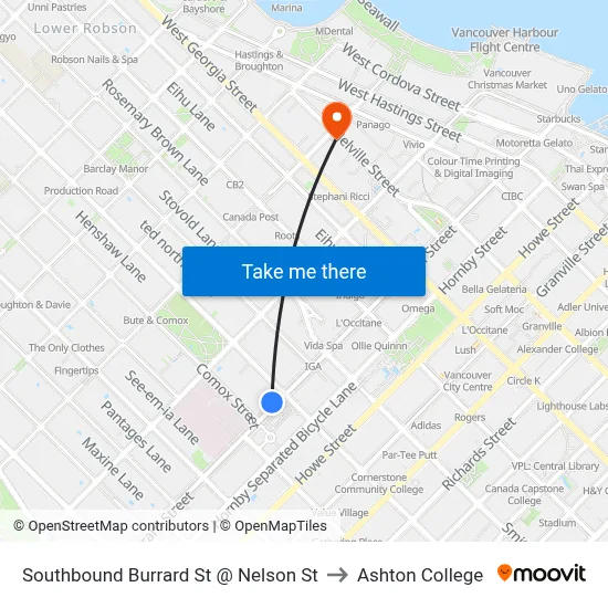 Southbound Burrard St @ Nelson St to Ashton College map