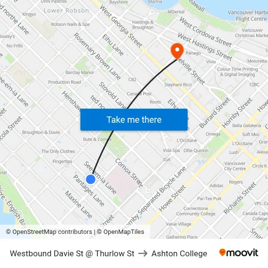 Westbound Davie St @ Thurlow St to Ashton College map