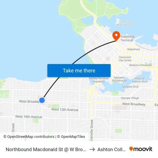 Northbound Macdonald St @ W Broadway to Ashton College map