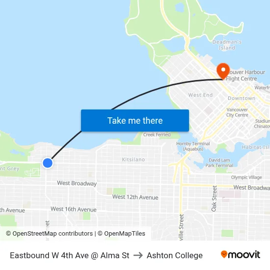 Eastbound W 4th Ave @ Alma St to Ashton College map
