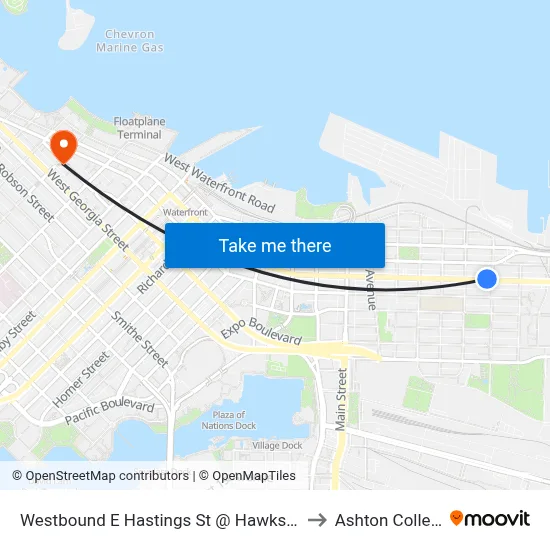 Westbound E Hastings St @ Hawks Ave to Ashton College map