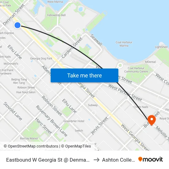 Eastbound W Georgia St @ Denman St to Ashton College map