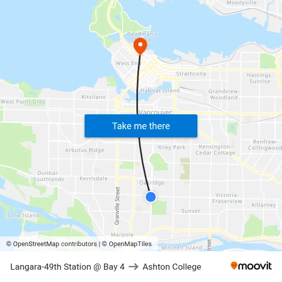Langara-49th Station @ Bay 4 to Ashton College map