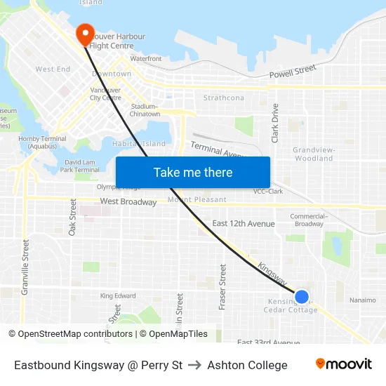 Eastbound Kingsway @ Perry St to Ashton College map
