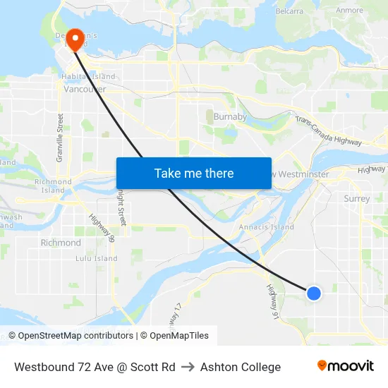 Westbound 72 Ave @ Scott Rd to Ashton College map