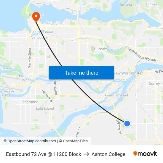 Eastbound 72 Ave @ 11200 Block to Ashton College map