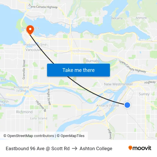 Eastbound 96 Ave @ Scott Rd to Ashton College map