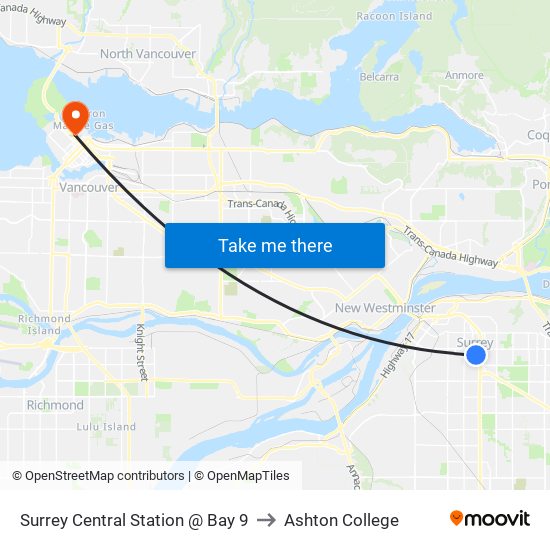 Surrey Central Station @ Bay 9 to Ashton College map