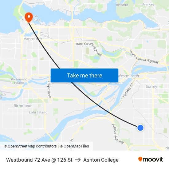 Westbound 72 Ave @ 126 St to Ashton College map