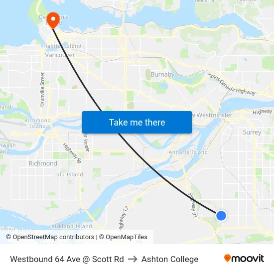 Westbound 64 Ave @ Scott Rd to Ashton College map