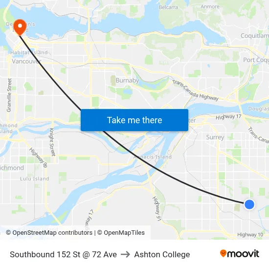 Southbound 152 St @ 72 Ave to Ashton College map