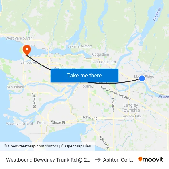 Westbound Dewdney Trunk Rd @ 222 St to Ashton College map