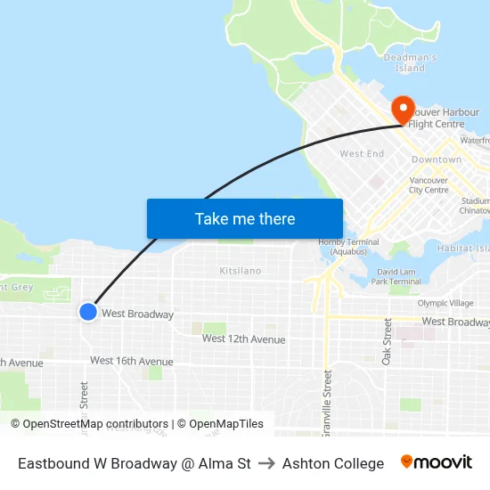 Eastbound W Broadway @ Alma St to Ashton College map