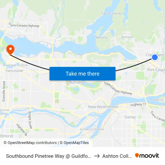 Southbound Pinetree Way @ Guildford Way to Ashton College map