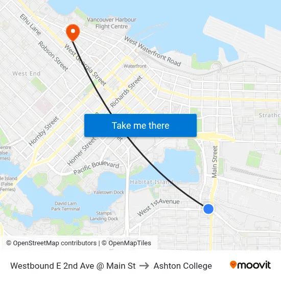 Westbound E 2nd Ave @ Main St to Ashton College map