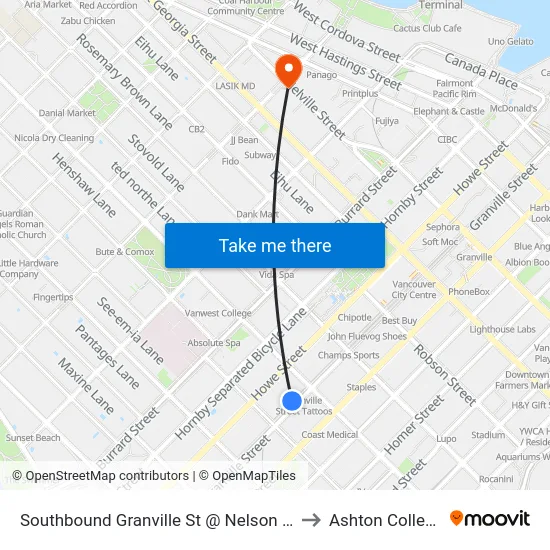 Southbound Granville St @ Nelson St to Ashton College map