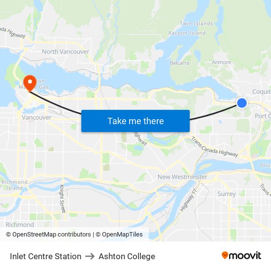 Inlet Centre Station to Ashton College map