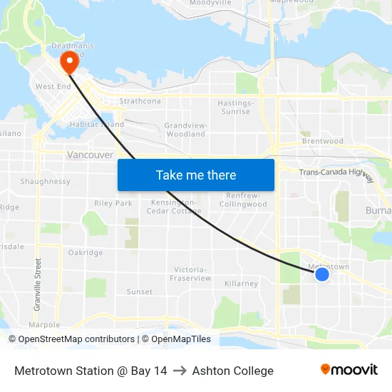 Metrotown Station @ Bay 14 to Ashton College map