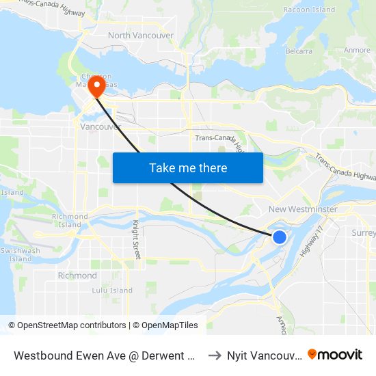 Westbound Ewen Ave @ Derwent Way to Nyit Vancouver map