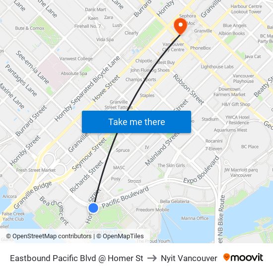 Eastbound Pacific Blvd @ Homer St to Nyit Vancouver map