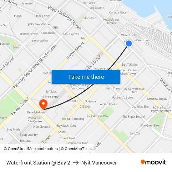 Waterfront Station @ Bay 2 to Nyit Vancouver map