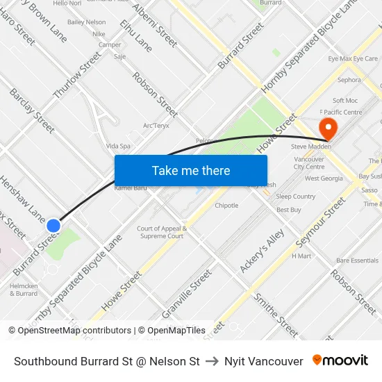 Southbound Burrard St @ Nelson St to Nyit Vancouver map