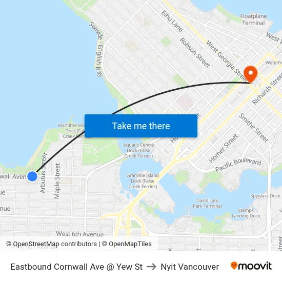 Eastbound Cornwall Ave @ Yew St to Nyit Vancouver map