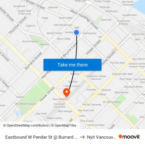 Eastbound W Pender St @ Burrard St to Nyit Vancouver map