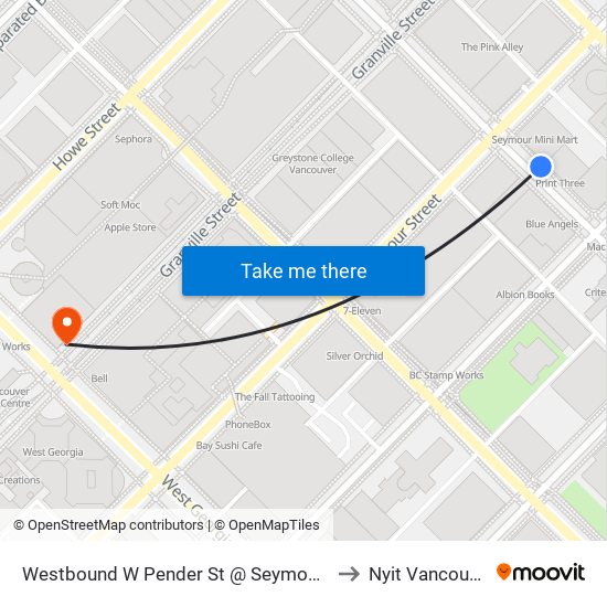 Westbound W Pender St @ Seymour St to Nyit Vancouver map