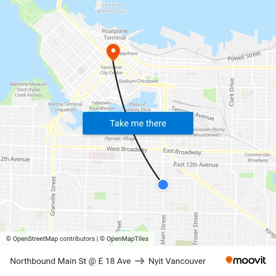 Northbound Main St @ E 18 Ave to Nyit Vancouver map