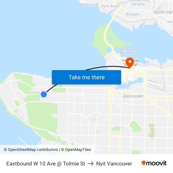 Eastbound W 10 Ave @ Tolmie St to Nyit Vancouver map