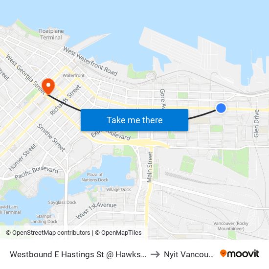 Westbound E Hastings St @ Hawks Ave to Nyit Vancouver map