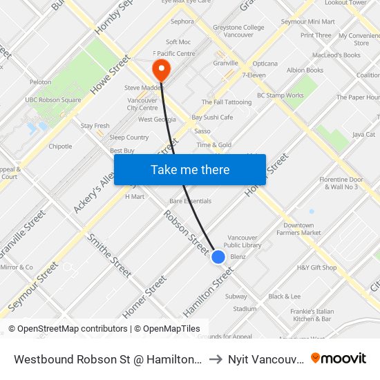 Westbound Robson St @ Hamilton St to Nyit Vancouver map