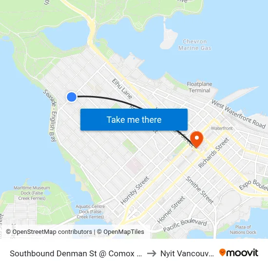 Southbound Denman St @ Comox St to Nyit Vancouver map