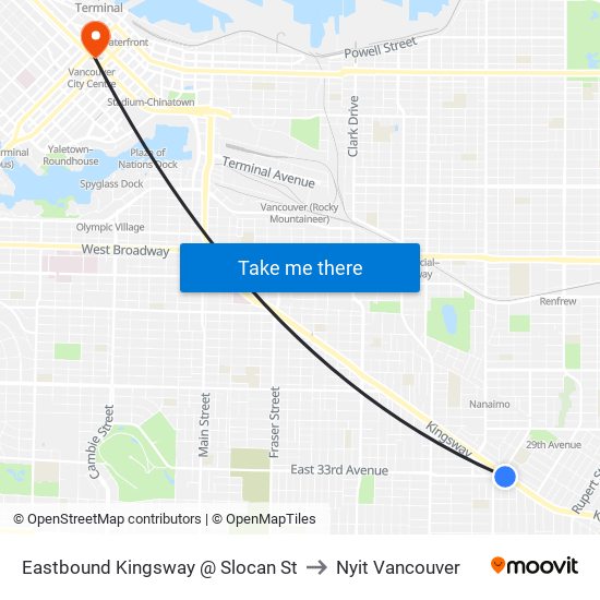 Eastbound Kingsway @ Slocan St to Nyit Vancouver map