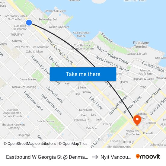 Eastbound W Georgia St @ Denman St to Nyit Vancouver map