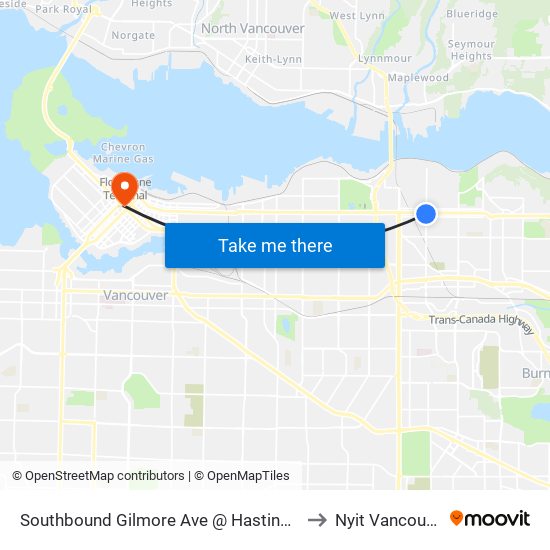 Southbound Gilmore Ave @ Hastings St to Nyit Vancouver map